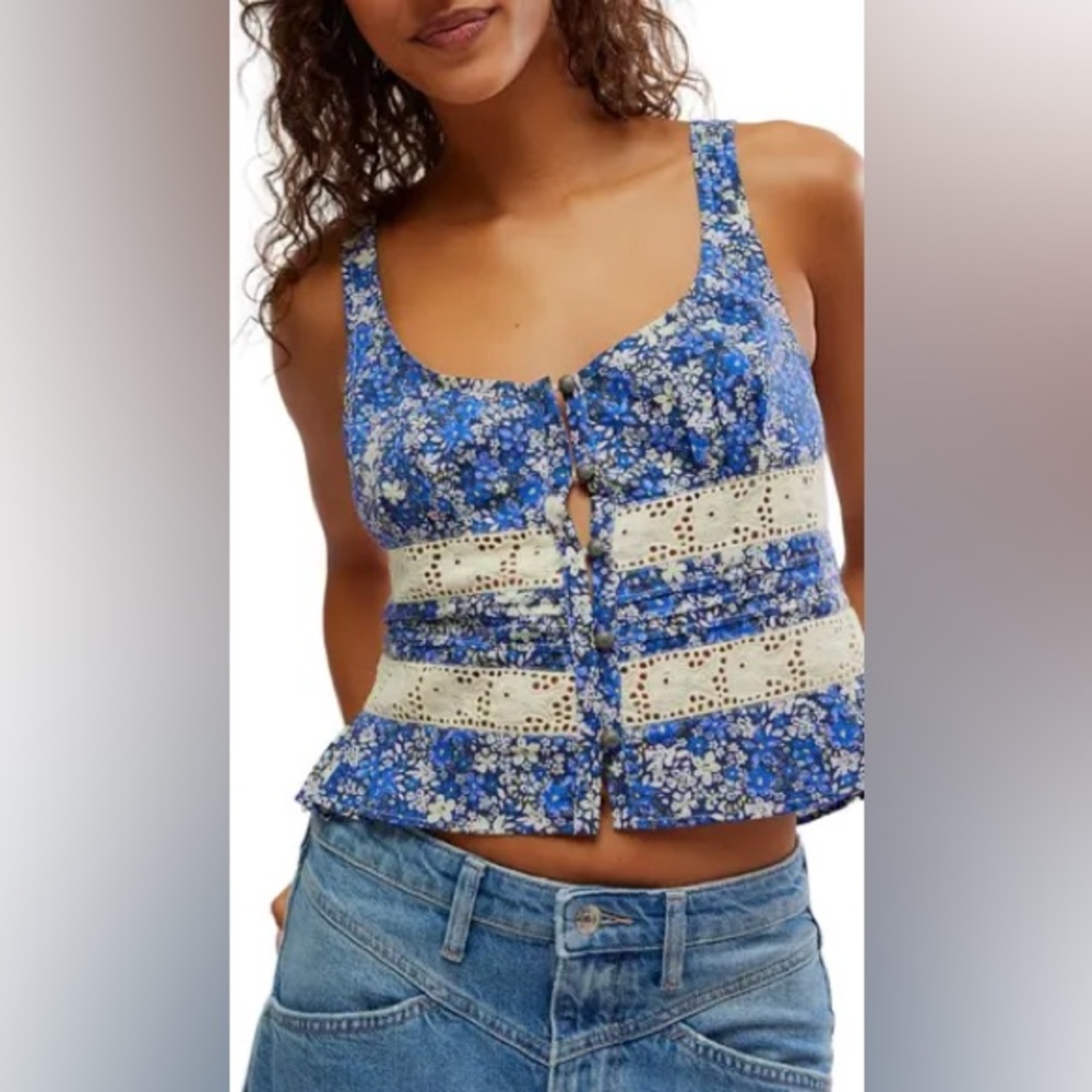 Free People Kiana Lace Tank Printed in Blue Combo